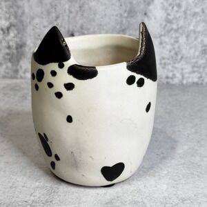 World Market Black and White Spotted Ceramic Dog Mini Planter Heart Nose 4in